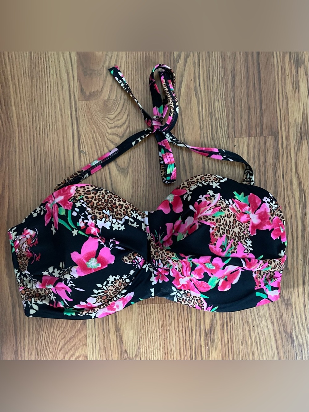 Victoria's Secret Black Pink Tropical Floral Print Bikini Swimsuit Top Size 36DD